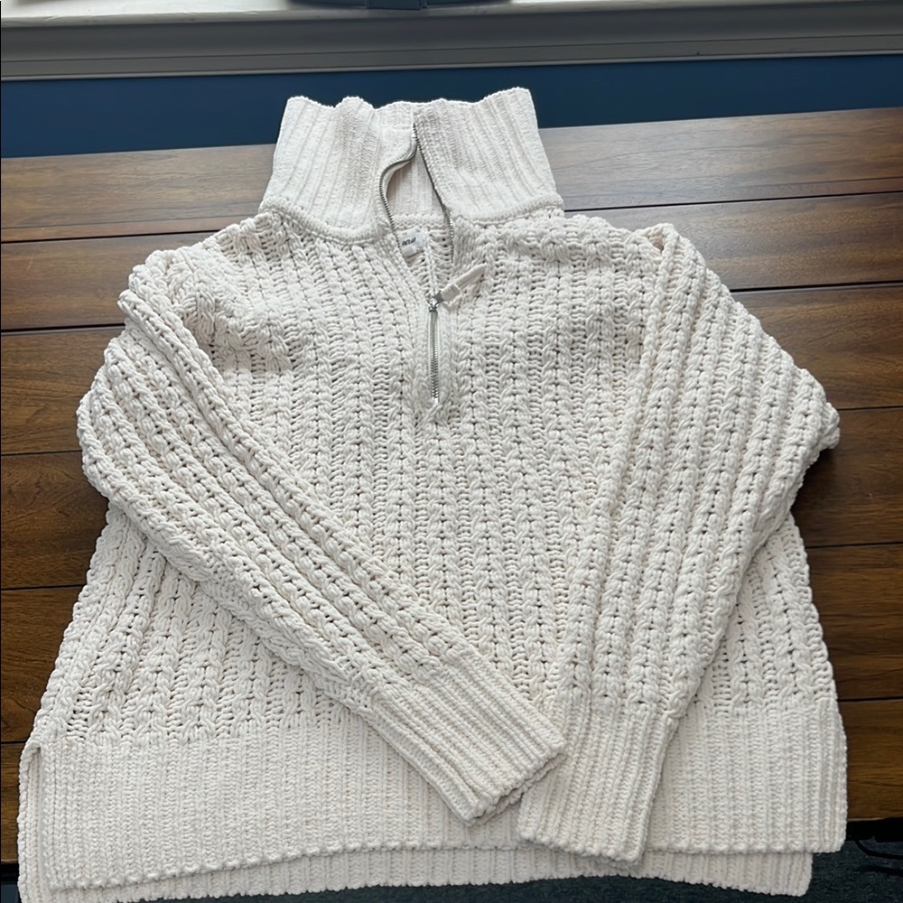 aerie Ivory Cable Open Weave Half-Zip  Sweater